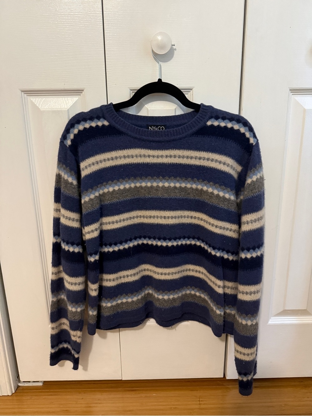 New York & Company Navy, Cream & Gray Striped Crewneck Sweater